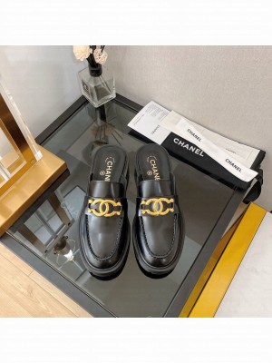 Chanel Shiny Calfskin Flat Mules with Metal CC Black