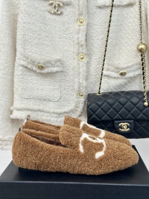Chanel Women's CC Logo Shearling Fur Moccasins Loafer Brown 2024
