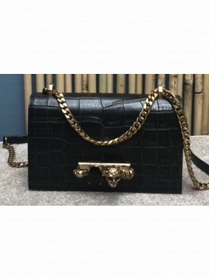 Alexander Mcqueen Jewelled Satchel Bag Embossed Croc Black/Gold