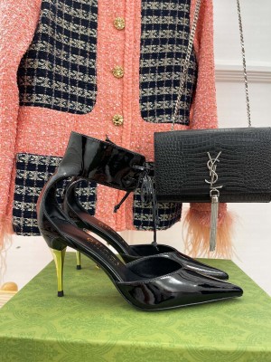 Gucci 8.5cm Metal heel Pointed Black Patent leather ankle Pumps