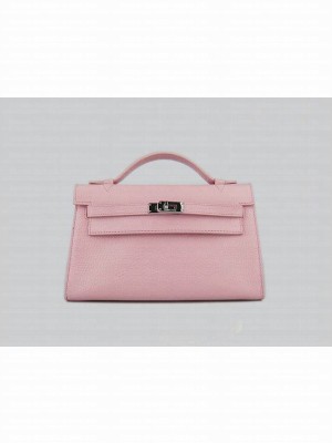 HERMES KELLY 22 CALFSKIN LEATHER CLUTCH BAG IN PINK 
