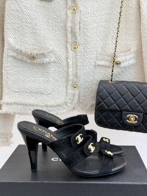 Chanel Suede Heel Sandals 8cm with CC Straps Black 2025 