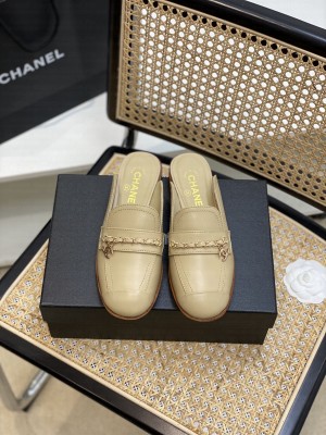 Chanel Lambskin Chain Flat Mules Beige Loafers 2022 Collection