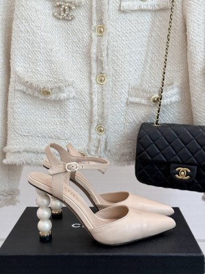 Chanel Lambskin Pearl 8cm Sandals Beige 2025 