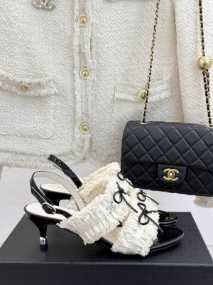 Chanel Fabric Trim Bow Heel 5cm Sandals 2025 White