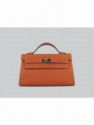 HERMES KELLY 22 CALFSKIN LEATHER CLUTCH BAG IN ORANGE 