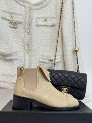 Chanel Quilting Calfskin Buckle Ankle Boots 2023 Beige