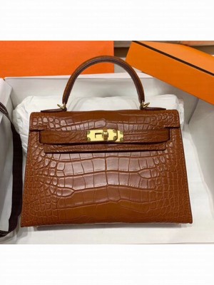 Hermes Mini Kelly II Handbag in Real Alligator Leather Brown (Handmade) Collection