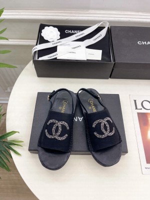 Chanel Canvas CC Rhinestone Espadrilles Slide Mules Black 2025