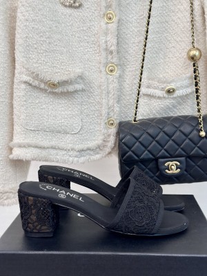 Chanel 6.5cm Mesh Lace Camellia Slide Black