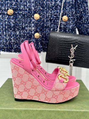 Gucci Women's Canvas 12cm Horsebit Wedge Sandals Pink