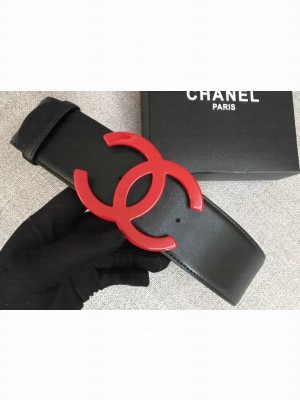 Chanel Width 5.3cm Leather Belt Black with Red CC Logo