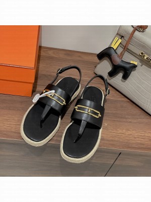 Hermes Eloise Thong Flat Sandals Espadrilles Black