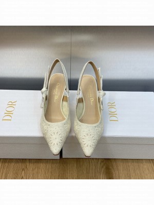 Dior J'Adior Slingback 6.5cm Pump in White Canvas Embroidered with Saint-Gall Motif 2023