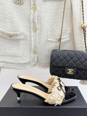 Chanel Beige Fabric Trim Bow Slide Sandals heel 5cm 2025 Beige