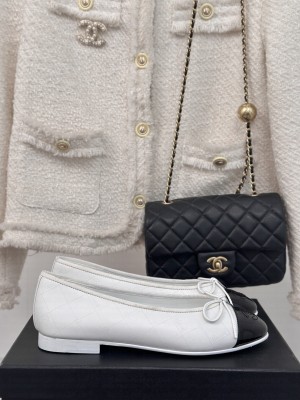 Chanel Ballet Flats 9cm Printed Lambskin & Patent Calfskin White Black 2025