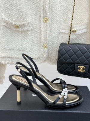 Chanel Vintage Calfskin Heel Sandals 7.5cm with Pearls Black 2025