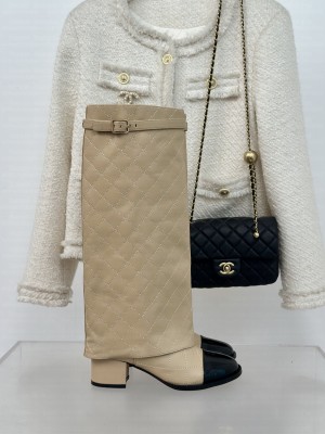 Chanel Calfskin 6.5cm Heel with Foldover and Buckle Strap Beige Long Boots 2024