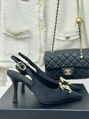 Chanel Satin Slingback Heel 7cm Pumps Black