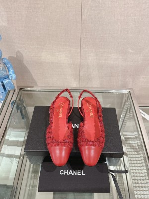 Chanel Slingbacks Tweed Ballerinas Flat Red