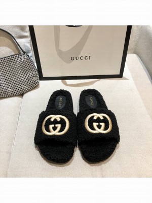 Gucci Women's slide sandal with Black Interlocking G merino wool 2021 Collection