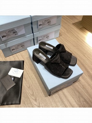 Prada 6cm Satin slides sandals With Black Cryscals Mule 2022 Collection