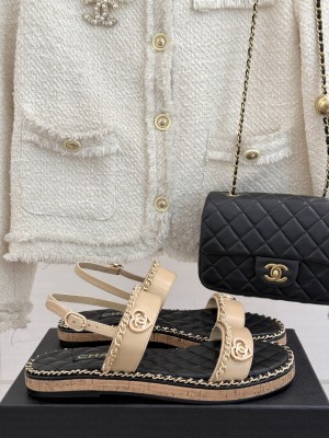 Chanel flat double C with chain sandals Beige leather 2025
