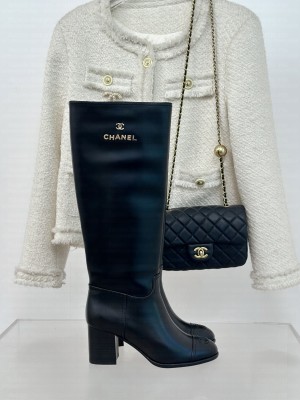 Chanel Calfskin Block Heel 7cm High Boots Black 2024 