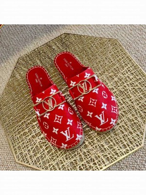 Louis Vuitton Monogram Canvas Espadrille Flat Mules with Rectangle LV Buckle Red 2021 Collection