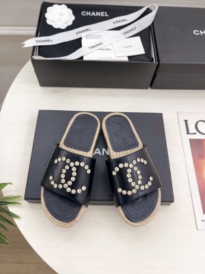 Chanel Leather CC Rhinestone Logo Espadrilles Slide Mules Black 2025