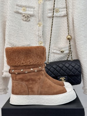 Chanel Suede & Wool Fur Snow Boots Brown 2024