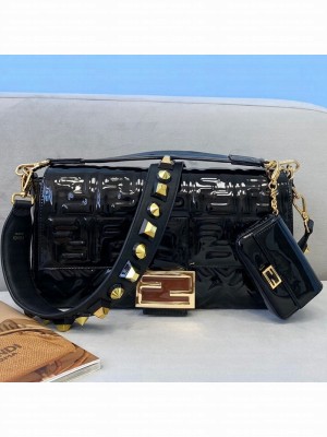 Fendi Baguette Large Bag in Black Patent Leather  2021 Collection