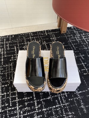 Dior L'Amazone Wedge Slide Shiny Calfskin and Natural Graphic Cannage Raffia black