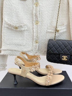 Chanel Calfskin Heel Sandals with Camellia Beige
