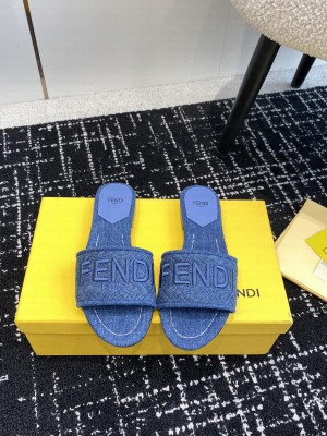 Fendi Signature Flat Slide Sandals Denim Dark Blue