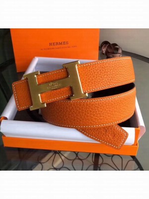 Hermes Width 3.8cm Grainy Calfskin Belt With H Buckle Orange/Black 2020 Collection