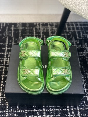 Chanel Grained Calfskin Velcro Dad Sandals Green 2025