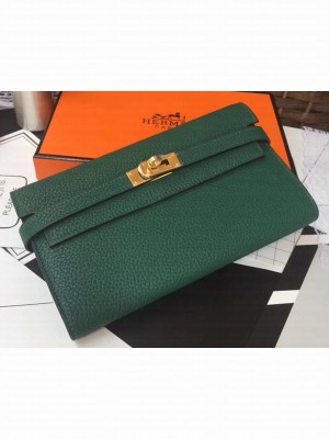 Hermes Kelly Handmade Wallet in Clemence Leather Green