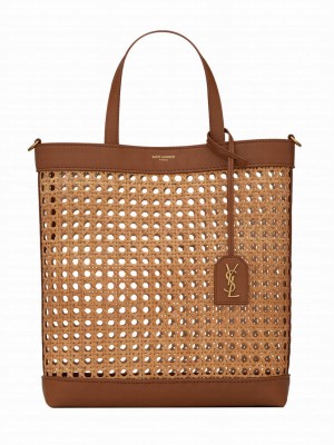 Saint Laurent N/S Toy Shopping Bag In Woven Cane And Leather Coffee