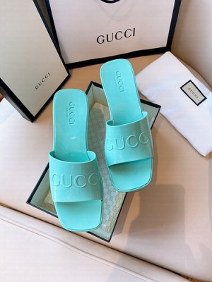 GUCCI HEEL 5.5CM PLATFORM 2.5CM EMBOSSED LOGO RUBBER SLIDE SANDALS LIGHT GREEN