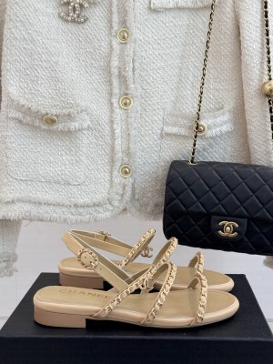 Chanel Lambskin Flat Sandals with Chain Strap beige 2025 G45667