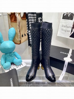 Chanel Quilted Nylon and Patent Calfskin High Boots 2021 Collection,Black 086