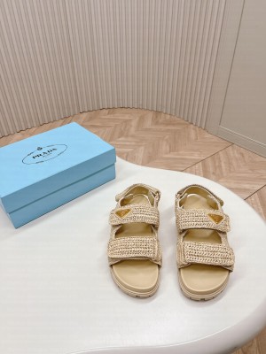 Prada Crochet Cage Flat Sandals 2024 Beige