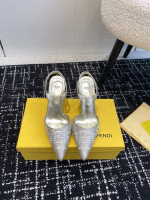 FENDI FIRST Silver-colored rhinestone high-heeled slingbacks