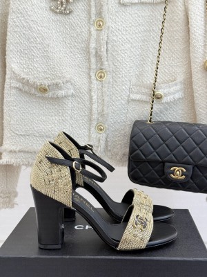 Chanel Leather & metal Chain CC Logo 9cm Sandals Black