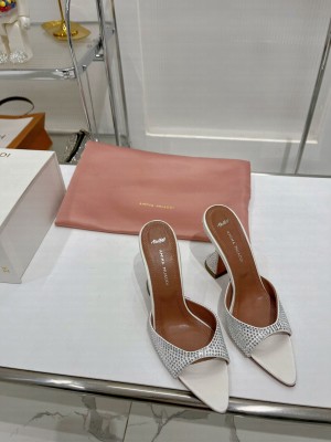 Amina Muaddi Caroline Crystal 9.5cm Slide Satin Mule Sandal White