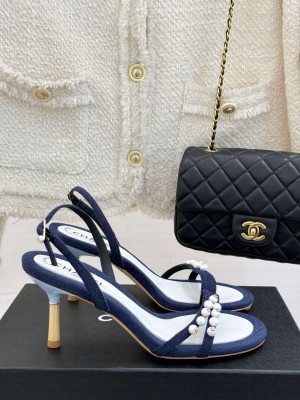 Chanel Vintage Canvas Heel Sandals 7.5cm with Pearls Navy Blue 2025