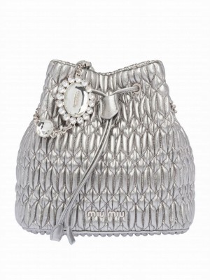 Miu Miu Crystal Nappa Leather Bucket Bag Silver Gray