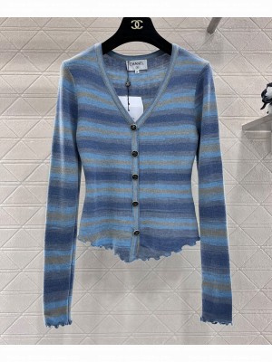 Chanel Women's Striped Knitted Cardigan Blue