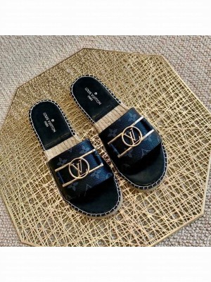 Louis Vuitton Monogram Canvas Espadrille Slide Sandals with Rectangle LV Buckle Black 2021 Collection
